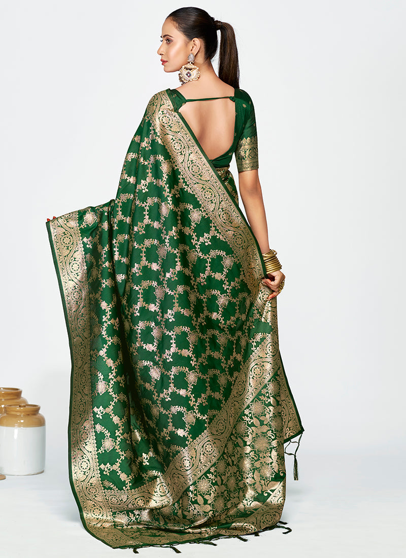 Vellora Emerald Green Banarasi Silk Saree with Rich Golden Zari Weaving | Grocsy