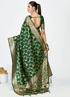 Vellora Emerald Green Banarasi Silk Saree with Rich Golden Zari Weaving | Grocsy