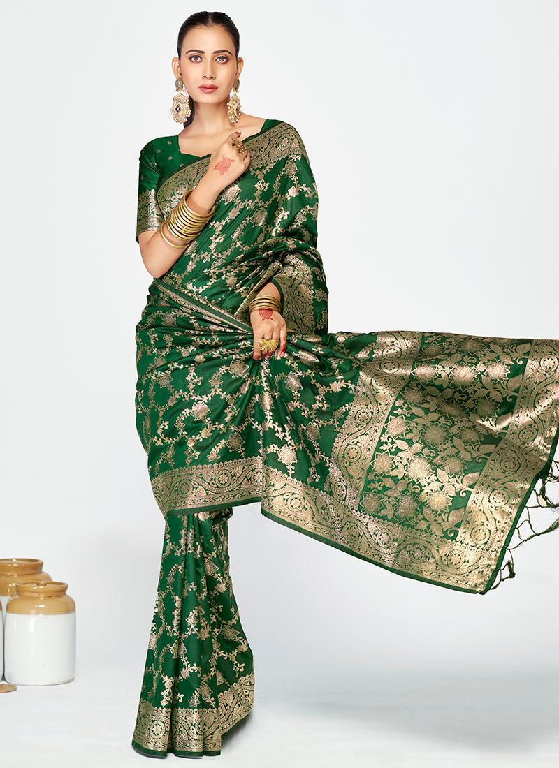 Vellora Emerald Green Banarasi Silk Saree with Rich Golden Zari Weaving | Grocsy