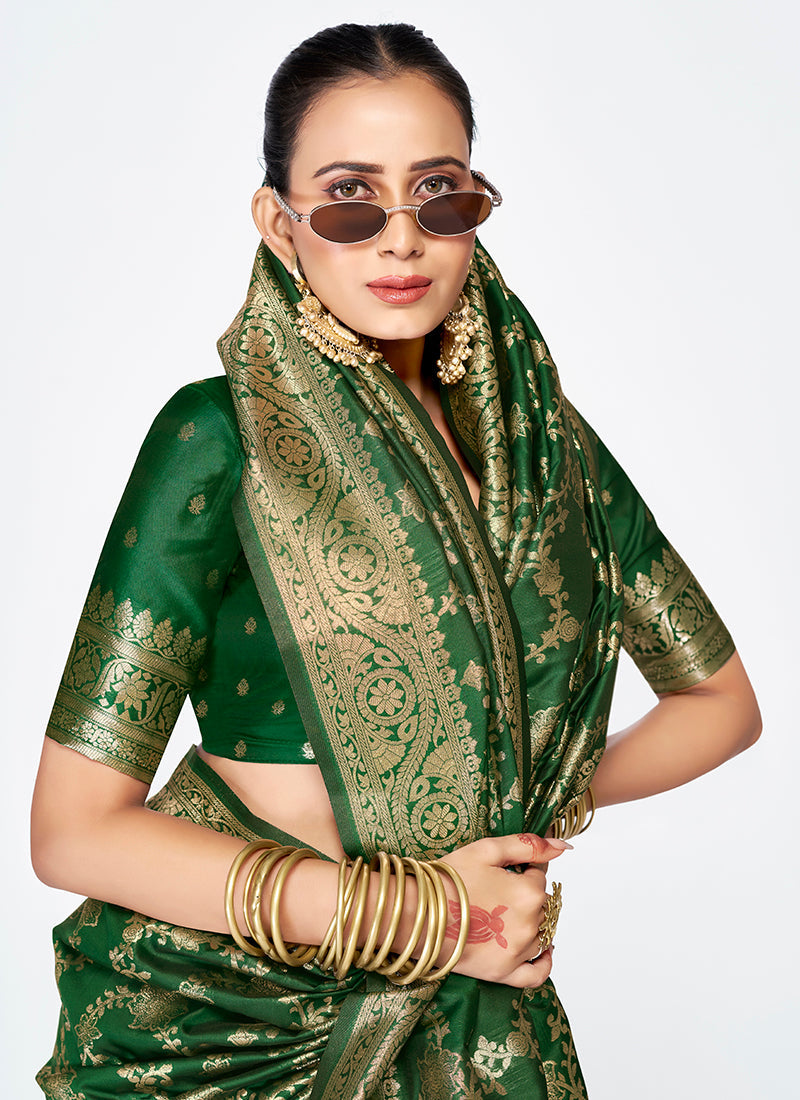 Vellora Emerald Green Banarasi Silk Saree with Rich Golden Zari Weaving | Grocsy