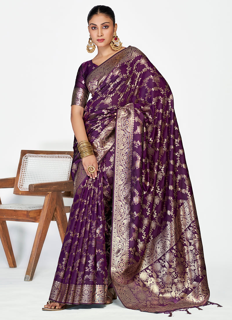 Vellora Plum Purple Banarasi Silk Saree with Traditional Floral Zari Pattern | Grocsy