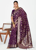 Vellora Plum Purple Banarasi Silk Saree with Traditional Floral Zari Pattern | Grocsy