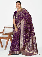 Vellora Plum Purple Banarasi Silk Saree with Traditional Floral Zari Pattern | Grocsy