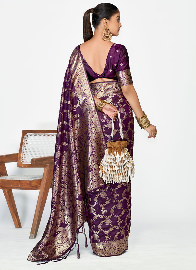 Vellora Plum Purple Banarasi Silk Saree with Traditional Floral Zari Pattern | Grocsy