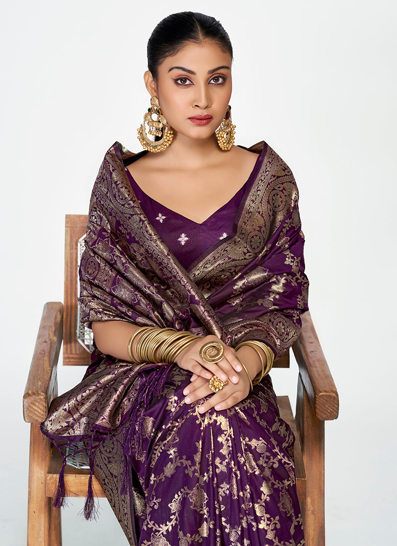 Vellora Plum Purple Banarasi Silk Saree with Traditional Floral Zari Pattern | Grocsy