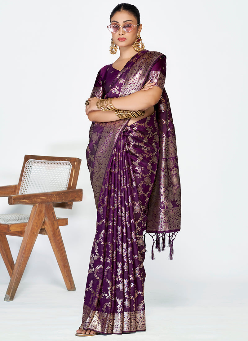 Vellora Plum Purple Banarasi Silk Saree with Traditional Floral Zari Pattern | Grocsy