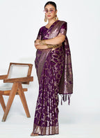 Vellora Plum Purple Banarasi Silk Saree with Traditional Floral Zari Pattern | Grocsy