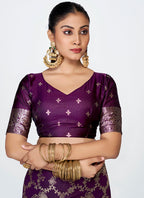 Vellora Plum Purple Banarasi Silk Saree with Traditional Floral Zari Pattern | Grocsy