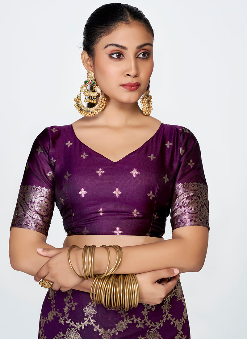 Vellora Plum Purple Banarasi Silk Saree with Traditional Floral Zari Pattern | Grocsy