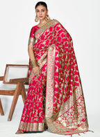 Vellora Rani Pink Banarasi Soft Silk Saree with Heavy Golden Jaal Weaving | Grocsy
