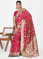 Vellora Rani Pink Banarasi Soft Silk Saree with Heavy Golden Jaal Weaving | Grocsy