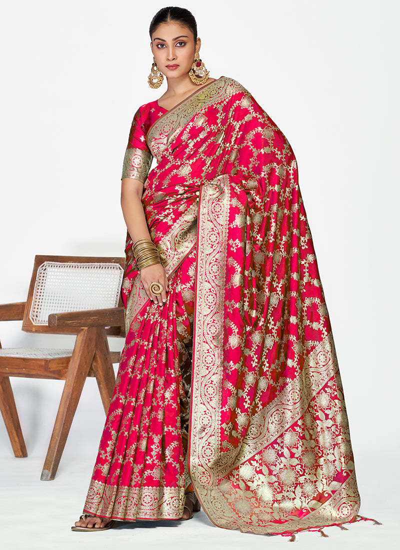 Vellora Rani Pink Banarasi Soft Silk Saree with Heavy Golden Jaal Weaving | Grocsy
