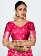 Vellora Rani Pink Banarasi Soft Silk Saree with Heavy Golden Jaal Weaving | Grocsy