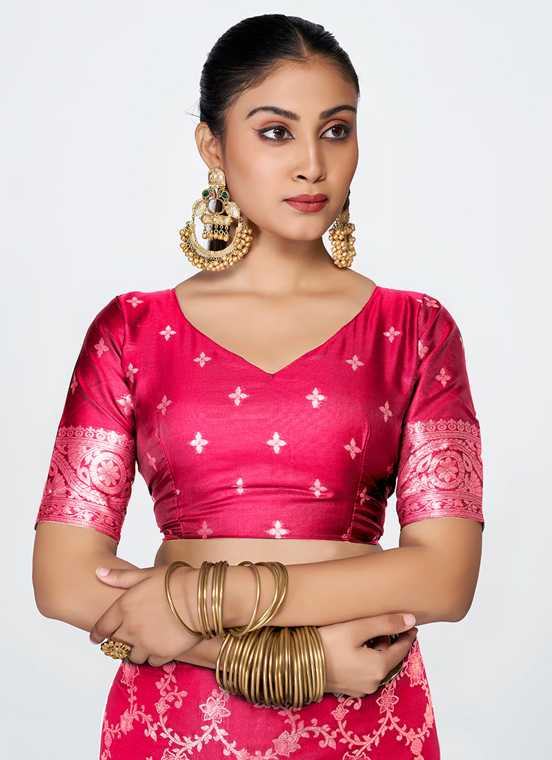 Vellora Rani Pink Banarasi Soft Silk Saree with Heavy Golden Jaal Weaving | Grocsy