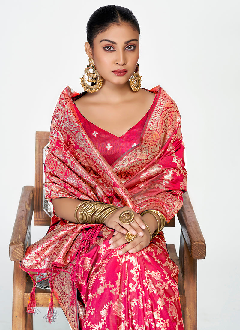 Vellora Rani Pink Banarasi Soft Silk Saree with Heavy Golden Jaal Weaving | Grocsy