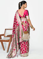 Vellora Rani Pink Banarasi Soft Silk Saree with Heavy Golden Jaal Weaving | Grocsy
