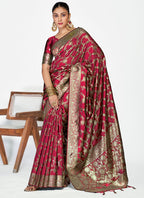 Vellora Wine Red Banarasi Silk Saree with Antique Golden Zari Work | Grocsy
