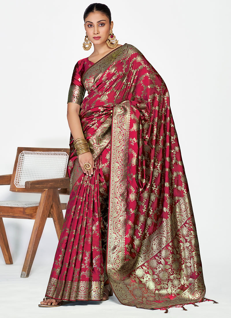 Vellora Wine Red Banarasi Silk Saree with Antique Golden Zari Work | Grocsy