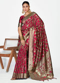Vellora Wine Red Banarasi Silk Saree with Antique Golden Zari Work | Grocsy
