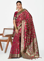 Vellora Wine Red Banarasi Silk Saree with Antique Golden Zari Work | Grocsy