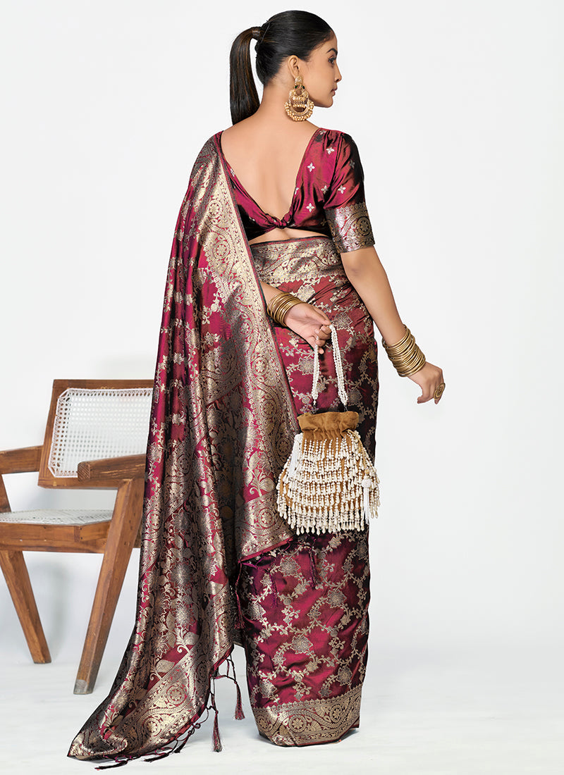 Vellora Wine Red Banarasi Silk Saree with Antique Golden Zari Work | Grocsy