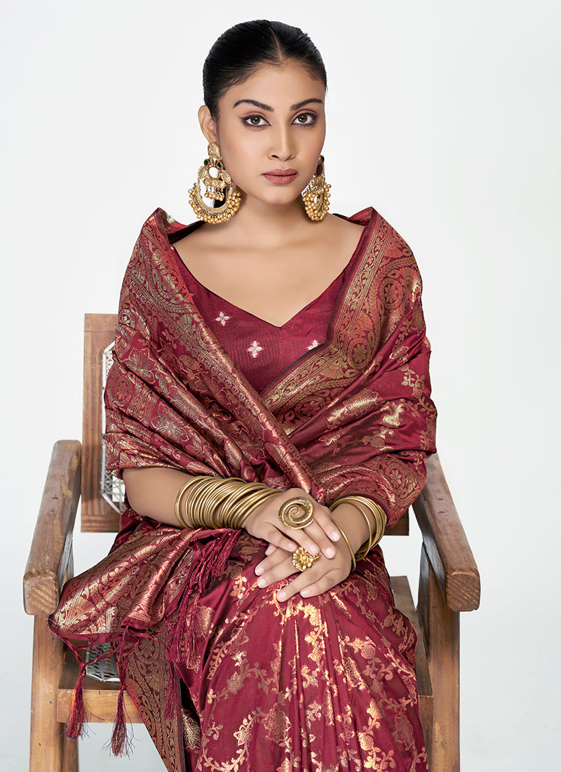Vellora Wine Red Banarasi Silk Saree with Antique Golden Zari Work | Grocsy