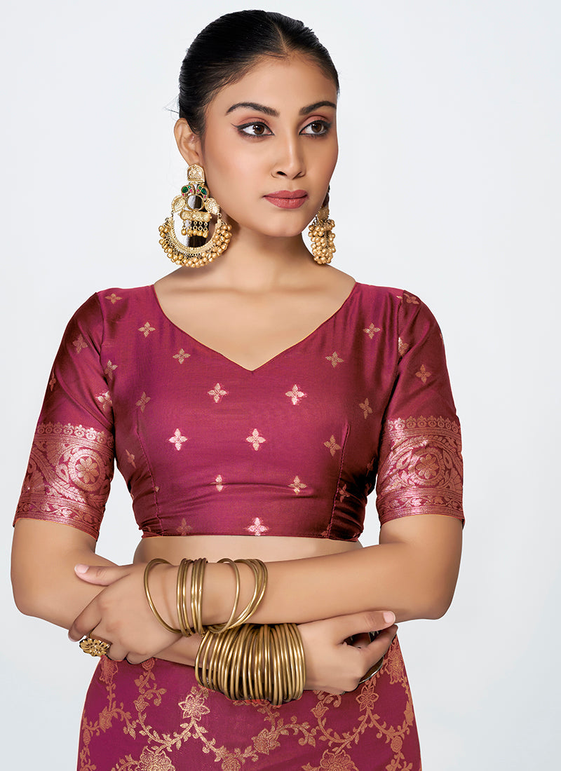Vellora Wine Red Banarasi Silk Saree with Antique Golden Zari Work | Grocsy
