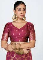 Vellora Wine Red Banarasi Silk Saree with Antique Golden Zari Work | Grocsy