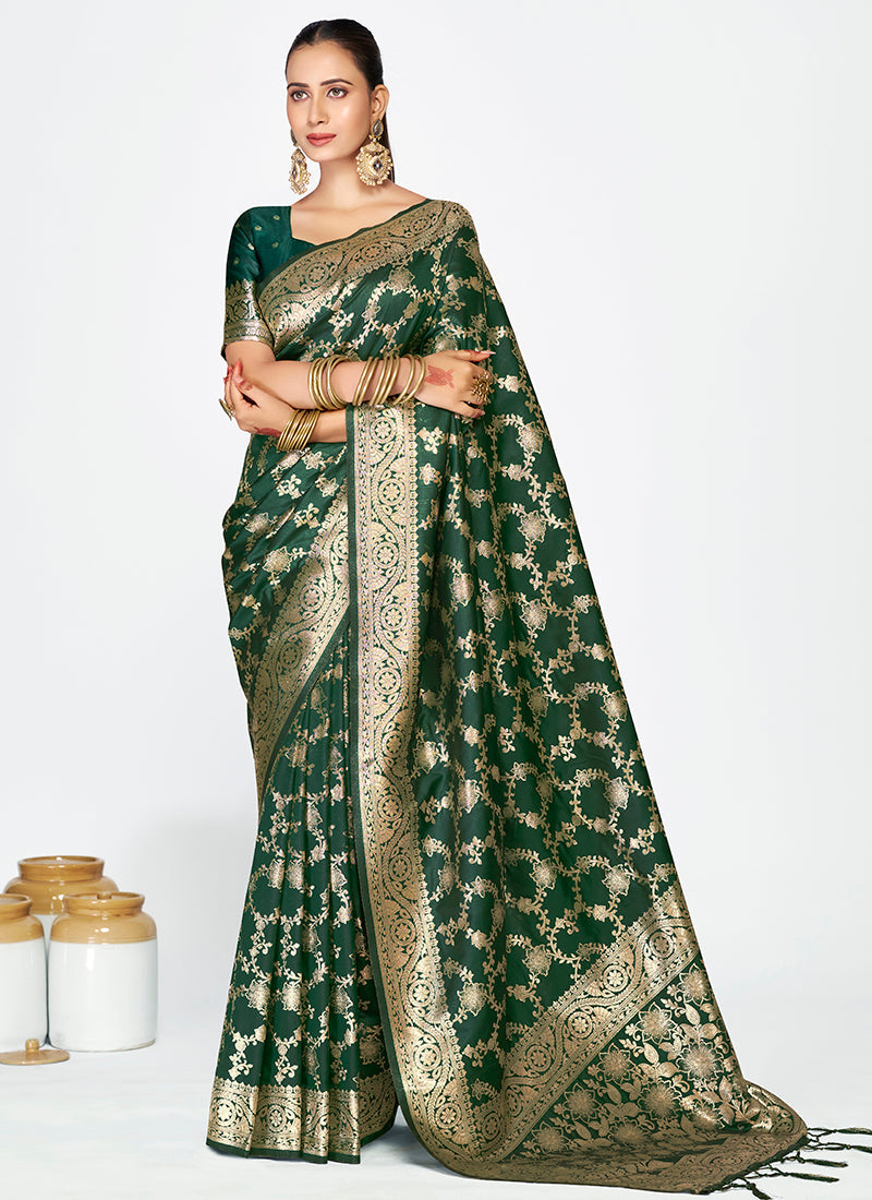 Vellora Bottle Green Banarasi Silk Saree with Elegant Zari Border | Grocsy