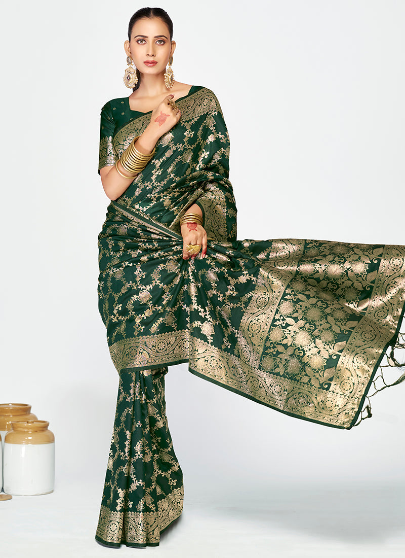 Vellora Bottle Green Banarasi Silk Saree with Elegant Zari Border | Grocsy