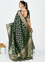 Vellora Bottle Green Banarasi Silk Saree with Elegant Zari Border | Grocsy