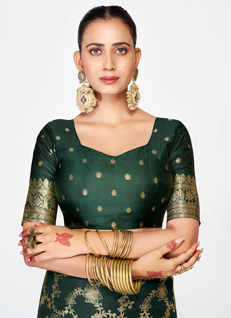 Vellora Bottle Green Banarasi Silk Saree with Elegant Zari Border | Grocsy