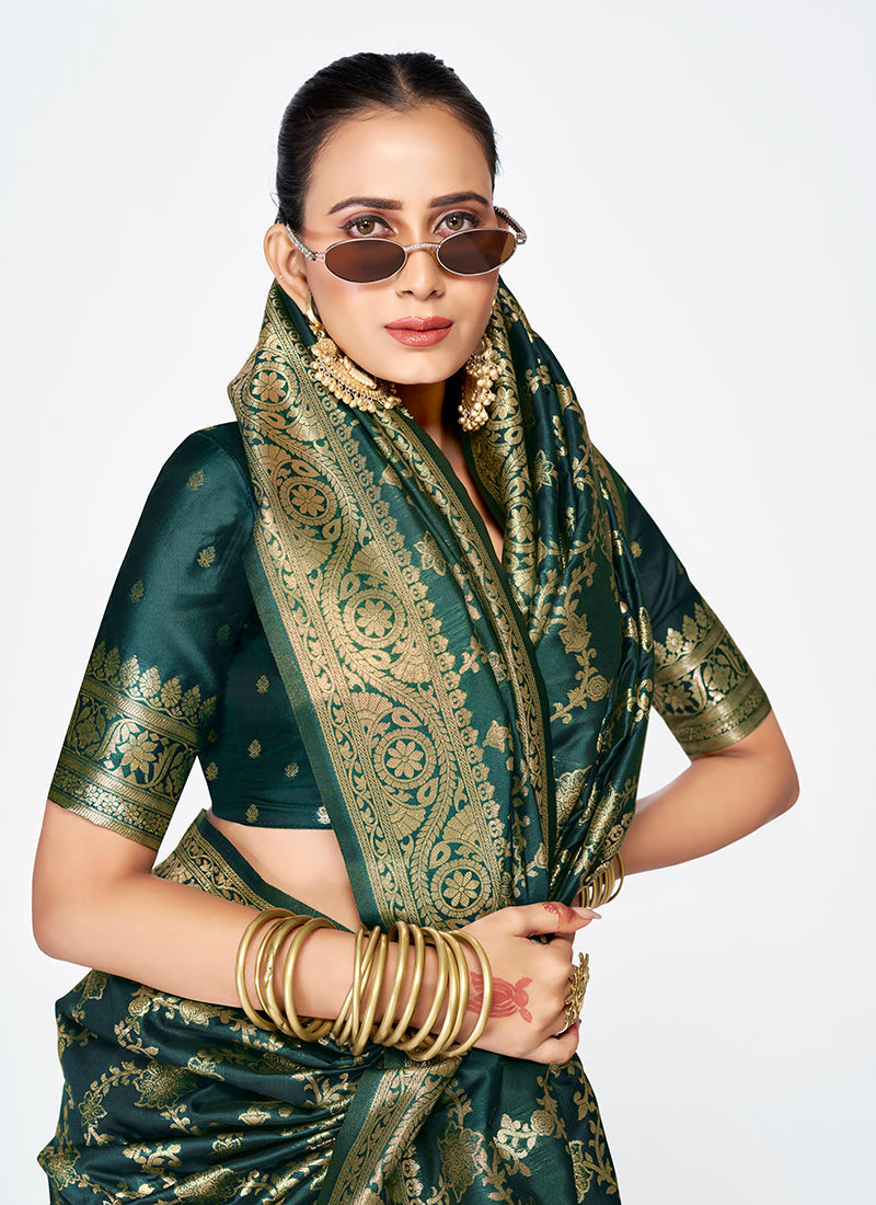 Vellora Bottle Green Banarasi Silk Saree with Elegant Zari Border | Grocsy