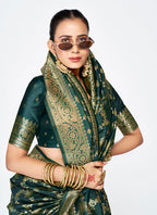 Vellora Bottle Green Banarasi Silk Saree with Elegant Zari Border | Grocsy