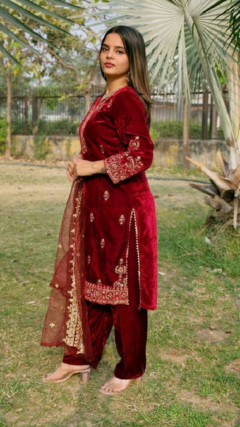 Lehenga Mart Designer Velvet Ready to wear Kurta Pant Dupatta for Women | Grocsy