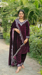 Lehenga Mart Designer Velvet Ready to wear Kurta Pant Dupatta for Women | Grocsy