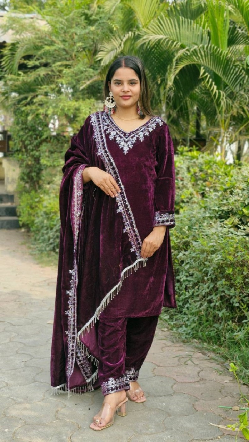 Lehenga Mart Designer Velvet Ready to wear Kurta Pant Dupatta for Women | Grocsy