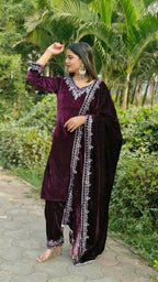 Lehenga Mart Designer Velvet Ready to wear Kurta Pant Dupatta for Women | Grocsy