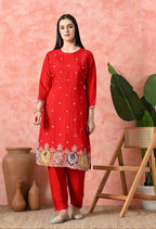 Joban Fashion Red Premium Pure Viscose Print Dola With Handwork Kurta Set | Grocsy
