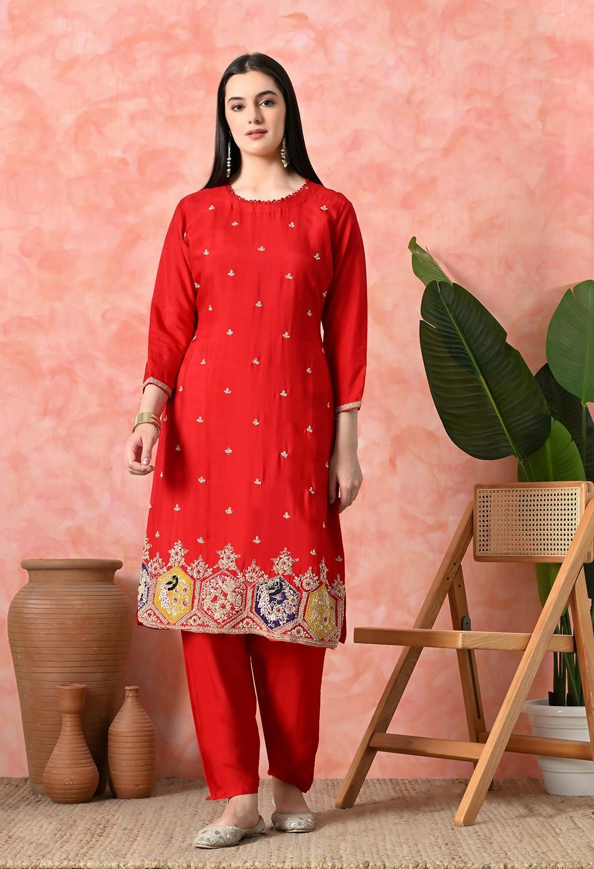 Joban Fashion Red Premium Pure Viscose Print Dola With Handwork Kurta Set | Grocsy