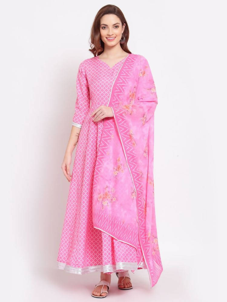 Indian Clothing Myshka Women's Pink Printed Cotton Blend 3/4 Sleeve V Neck Casual Anarkali Kurta Dupatta Set | Grocsy