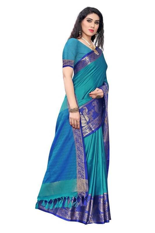 Vamika Banarasi Jacquard Weaving Blue Saree (DHONI BLUE) | Grocsy