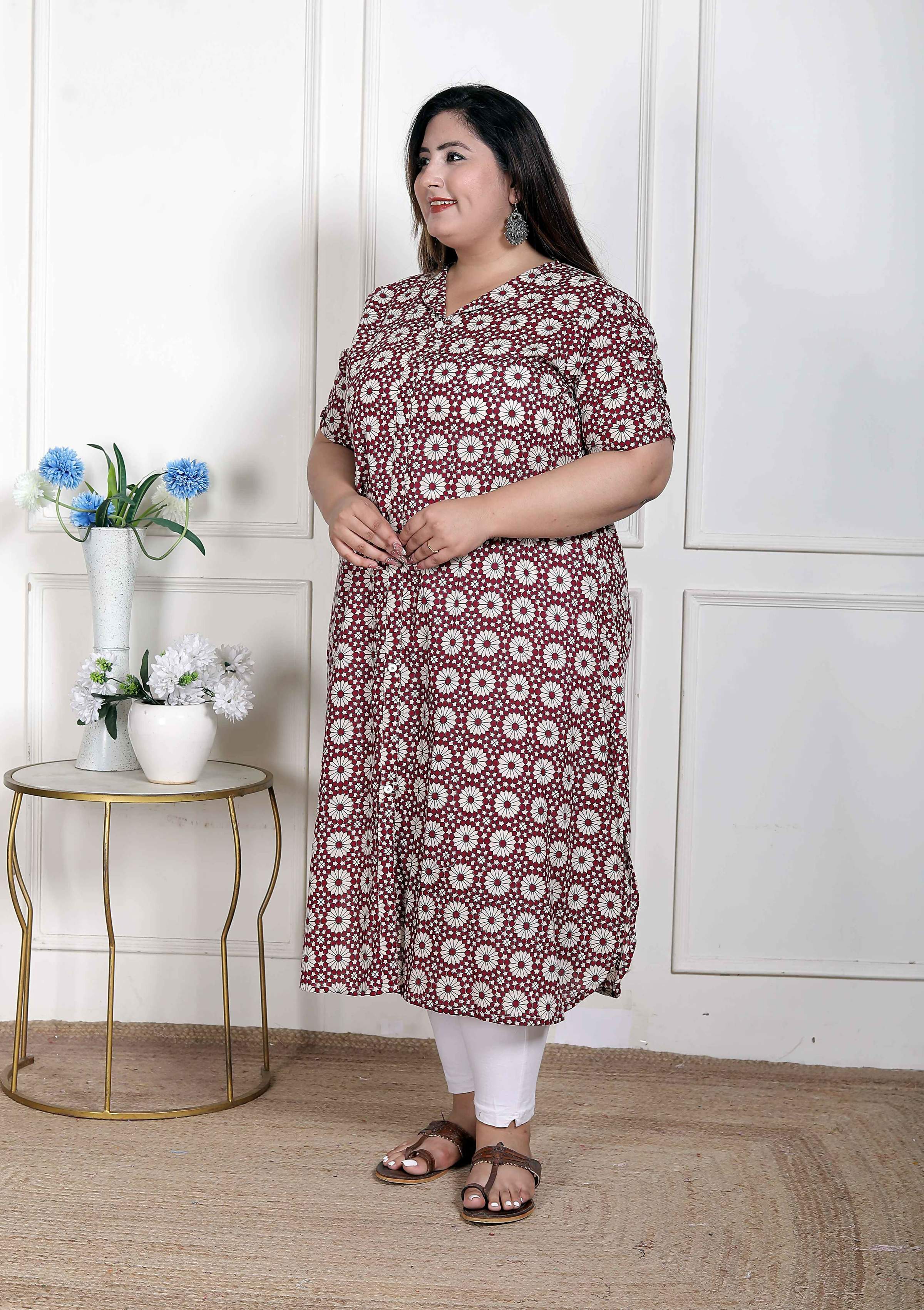 Miravan Women's Plus Size Cotton Floral Printed Cream A-Line Kurta with Buttons | Grocsy