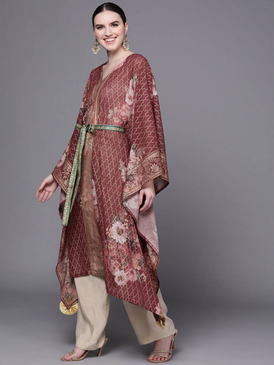 Ahalyaa Women Maroon Floral Printed Flared Sleeves Kaftan Kurta | Grocsy