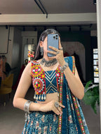 Vastranavya Navaratri Special Pure Rayon Printed With Foil Work And Gamthi Patch Work With Lace Touch Up Lehenga with Stitched Blouse - Teal | Grocsy
