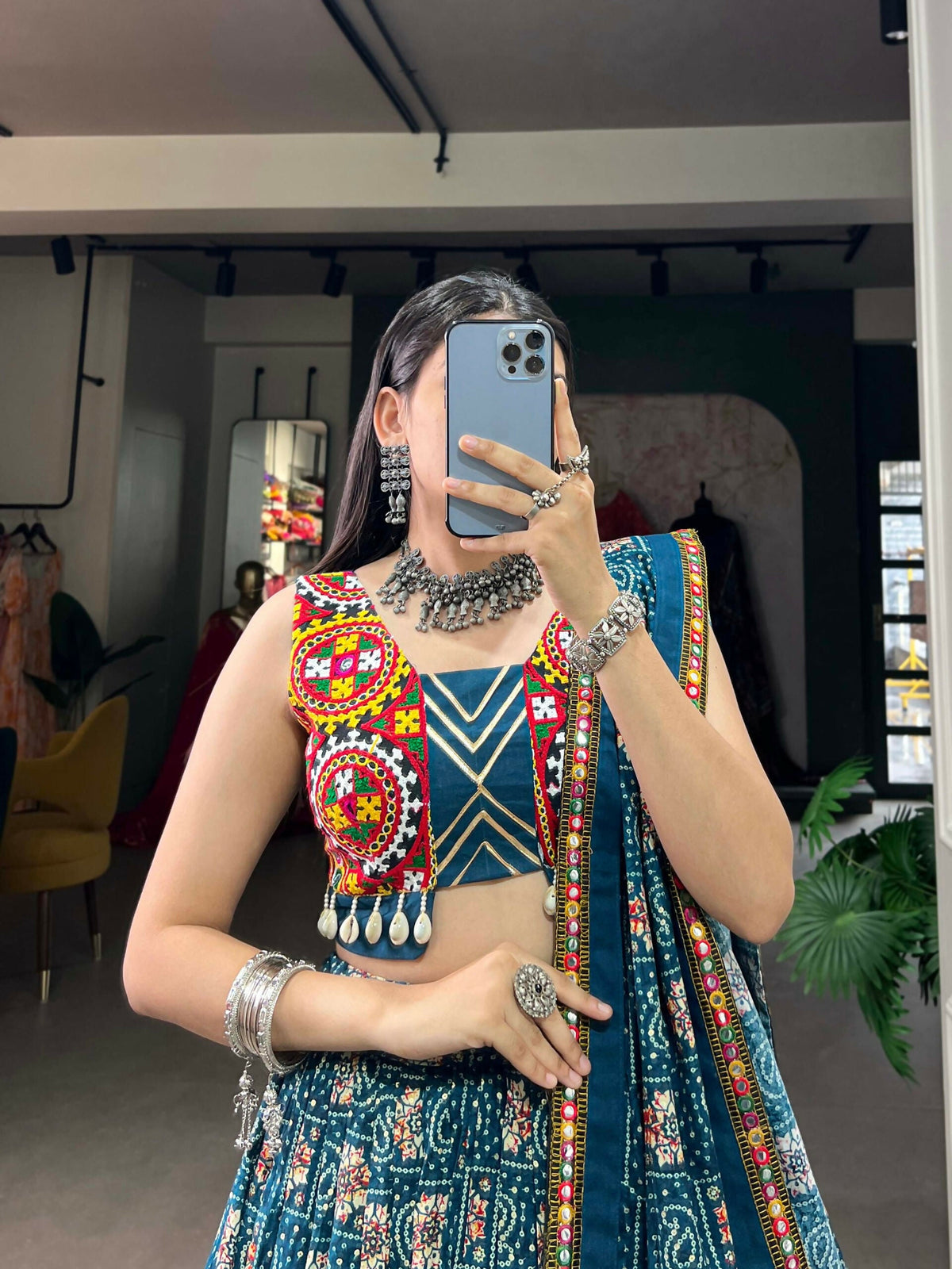 Vastranavya Navaratri Special Pure Rayon Printed With Foil Work And Gamthi Patch Work With Lace Touch Up Lehenga with Stitched Blouse - Teal | Grocsy