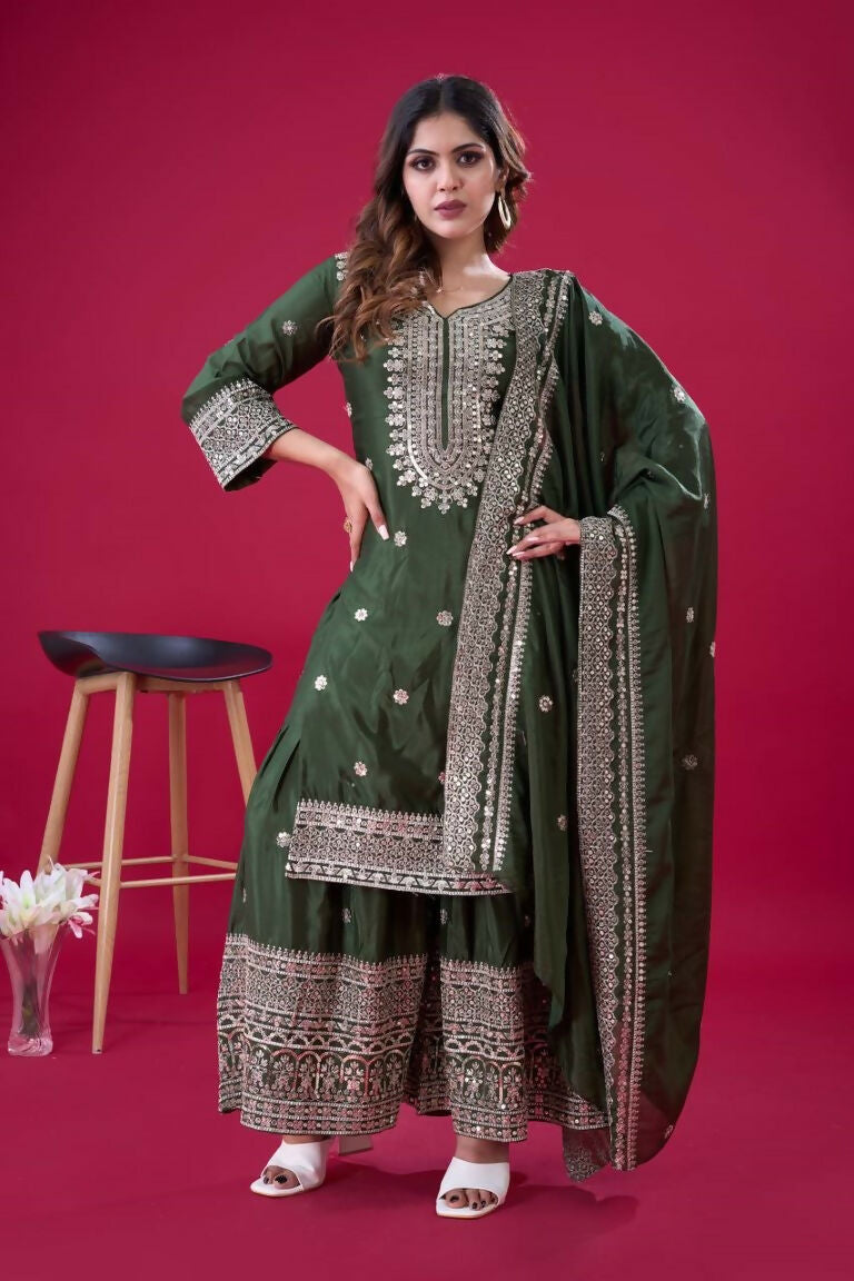 Teeya Creation Green Colour Chinnon Silk Heavy Embroidery Work Fully Stitched Salwar Suit | Grocsy