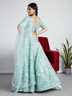 House of Panchhi Turquoise Blue Organza Sequins, Zarkan And Thread Embroidery Lehenga Choli & Dupatta | Grocsy