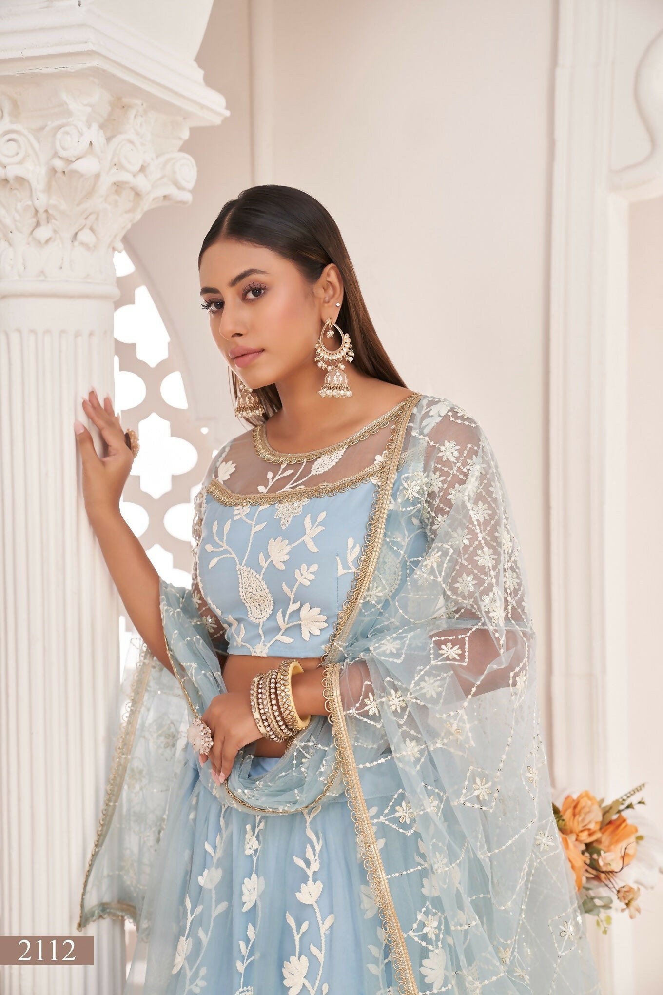 Eilara Women'S Sky Blue Butterfly Net Embroidered Thread Work Festivals Lehenga Choli | Grocsy