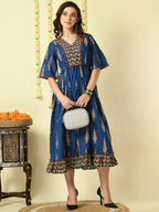 Myshka Women's Blue Printed Cotton Party Dress | Grocsy